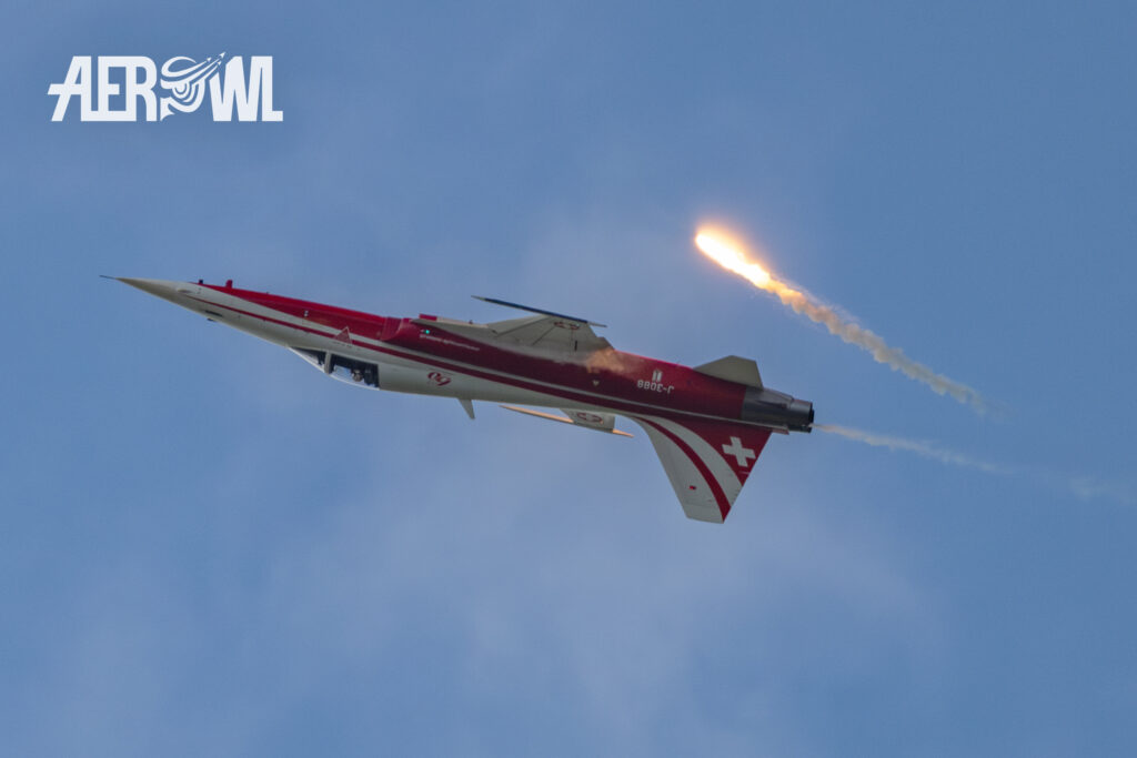 Northrop F-5E Tiger II of the Patrouille Suisse deploy hot and bright flares for the audience during the AirPower24 in Zeltweg, Austria.