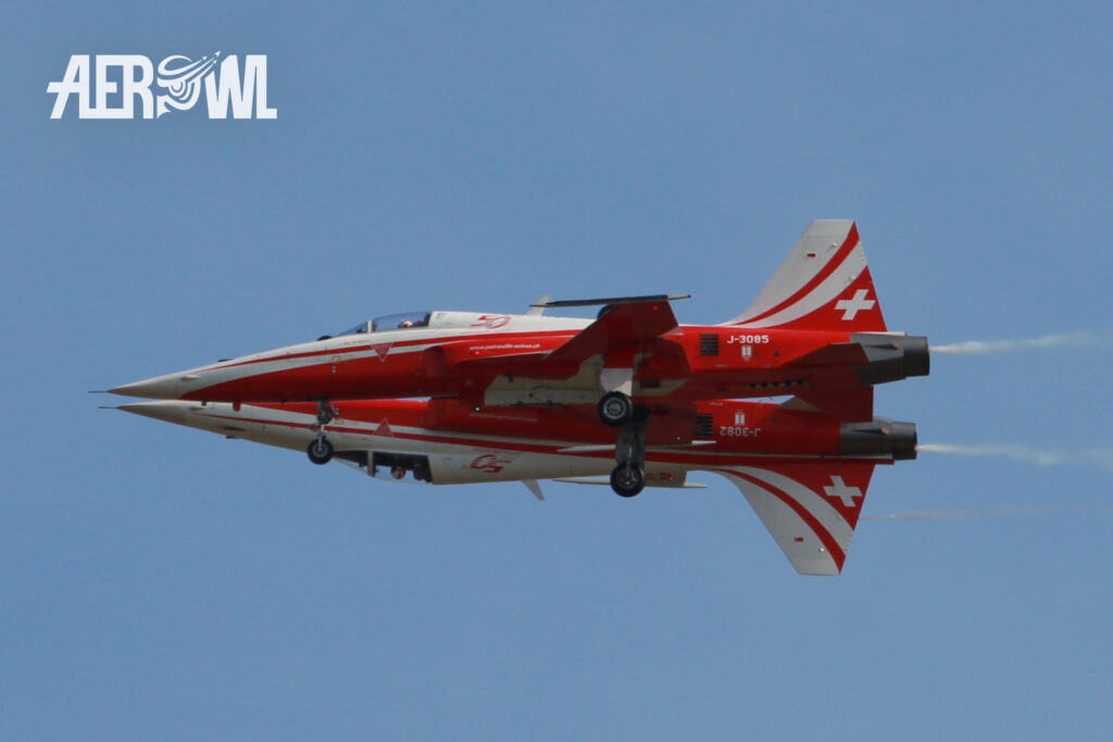 Two Northrop F-5E Tiger II of the Patrouille Suisse in a perfect moment during the ILA 2014 at the BER airport in Berlin/Brandenburg, Germany.