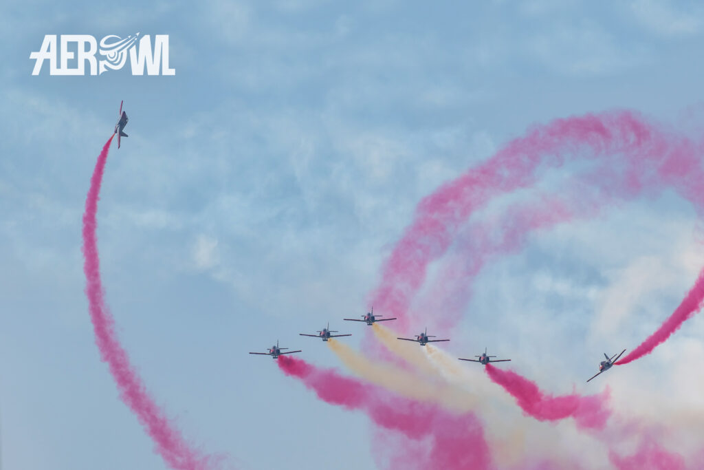 All Casa C-101 Aviojets of the Spanish Patrulla Águila ("Eagle Patrol") during the final act of their stunning air display over the BER airport Berlin/Brandenburg during the ILA 2018 in Germany.