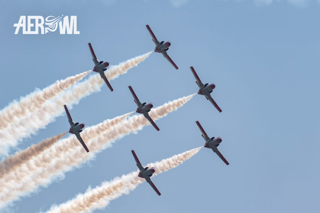 The spanish Patrulla Águila in their Casa C-101 Aviojet flying in perfect great formation over the BER airport Berlin/Brandenburg during the ILA 2018 in Germany.