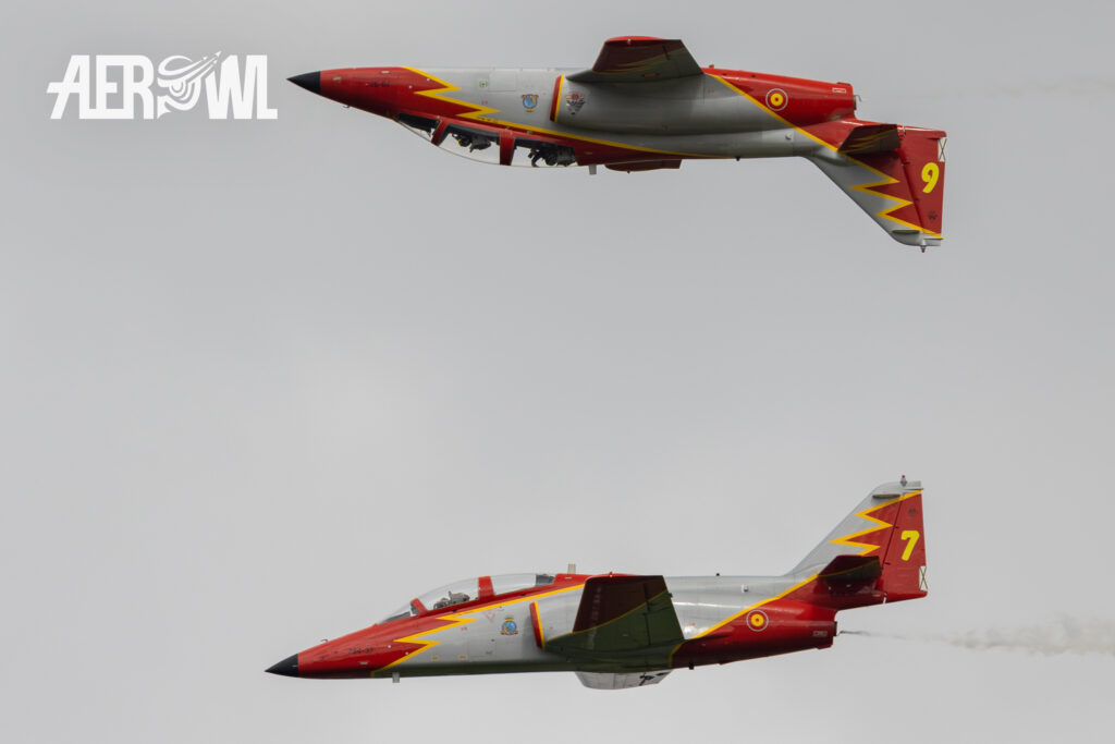 Two Casa C-101 Aviojets of the famouse spanish Patrulla Águila air display during the AirPower24 over the Hinterstoisser airbase in Zeltweg, Austria.