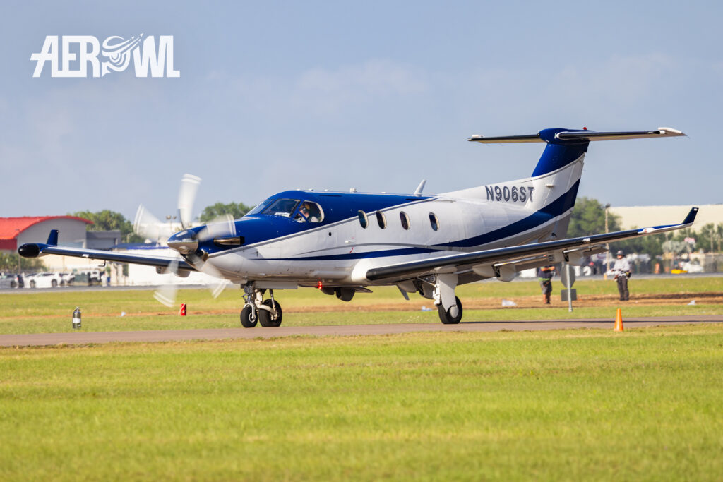 A nice painted blue and white Pilatus PC-12/45 taxiing towards the runway during Sun'n Fun 2025 in Lakeland, Florida.