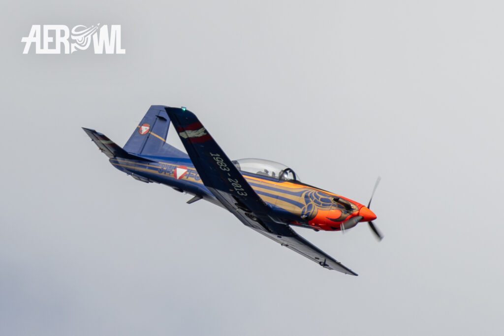 A nice painted Pilatus PC-7 "Cobra" of the Austrian Air Force during an air display at the AirPower24 in Zeltweg, Austria.