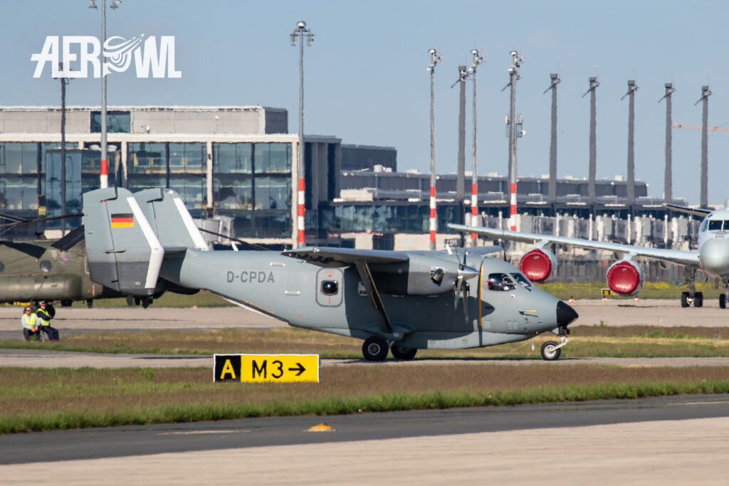 A PZL-Mielec-M-28-Skytruck of the Bundeswehr taxiing for take of during the ILA 2018 the BER airport in Berlin/Brandenburg, Germany.