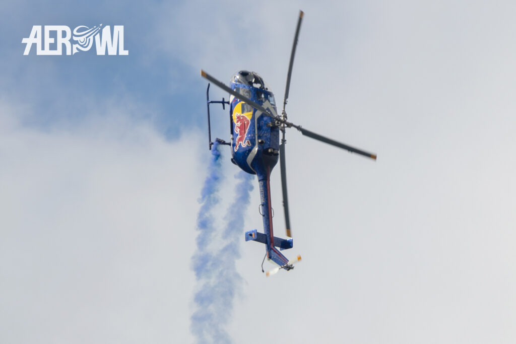 Red Bull MBB BO-105 climbs unstoppable up during an air display at the AirPower24 in Zeltweg, Austria.