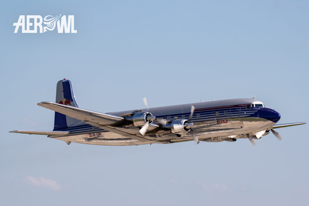 The legandary Red Bull Douglas DC-6 during the ILA 2018 at the BER airport Berlin Brandenburg in Germany.