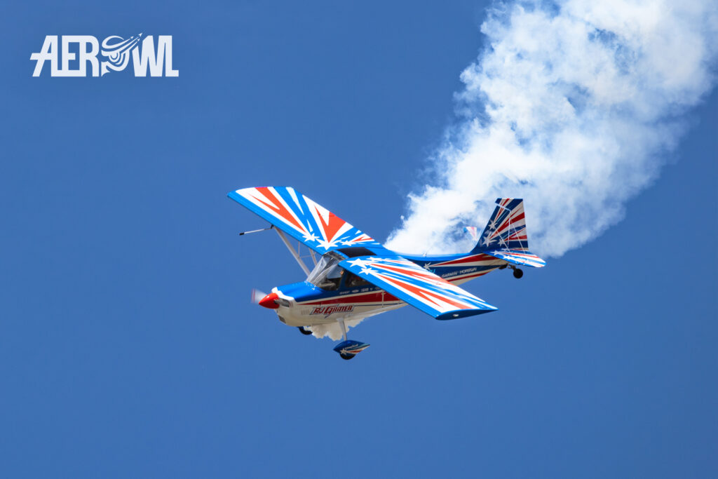 RJ Gritter in his red & blue 8KCAB Decathlon 150 CS performce a nice air show at the Sun´n Fun 2025 in Lakeland, Florida.