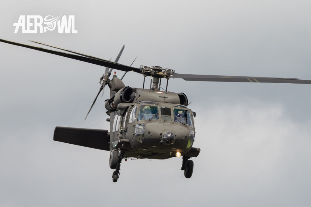 A Austrian Air Force Sikorsky S-70 "Black Hawk" performance display at the AirPower24 in Austria at the Hinterstoisser air base.