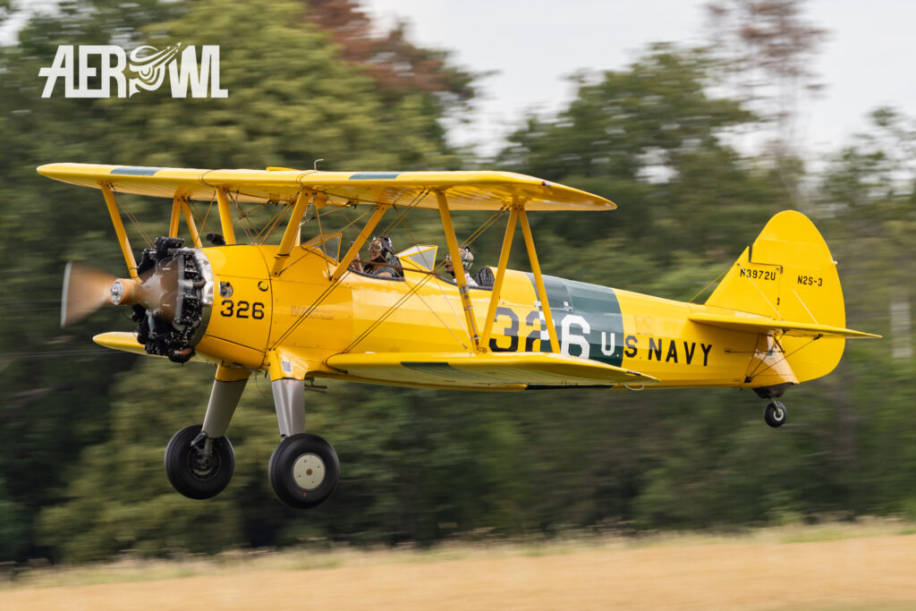 A well maintained Boeing N2S-3 Stearman from 1943 during its approach at the Stearman&Friends2023 over the Bienenfarm near Berlin, Germany.