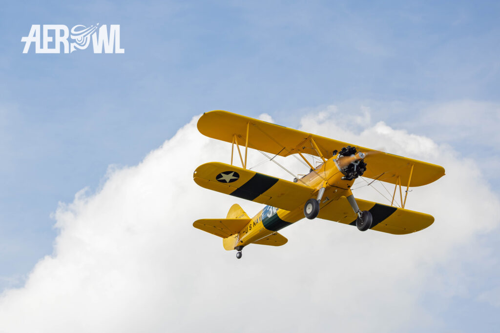 Boeing N2S-3 Stearman from 1943 fly by during the Stearman&Friends 2024 over the Bienenfarm near Berlin, Germany.