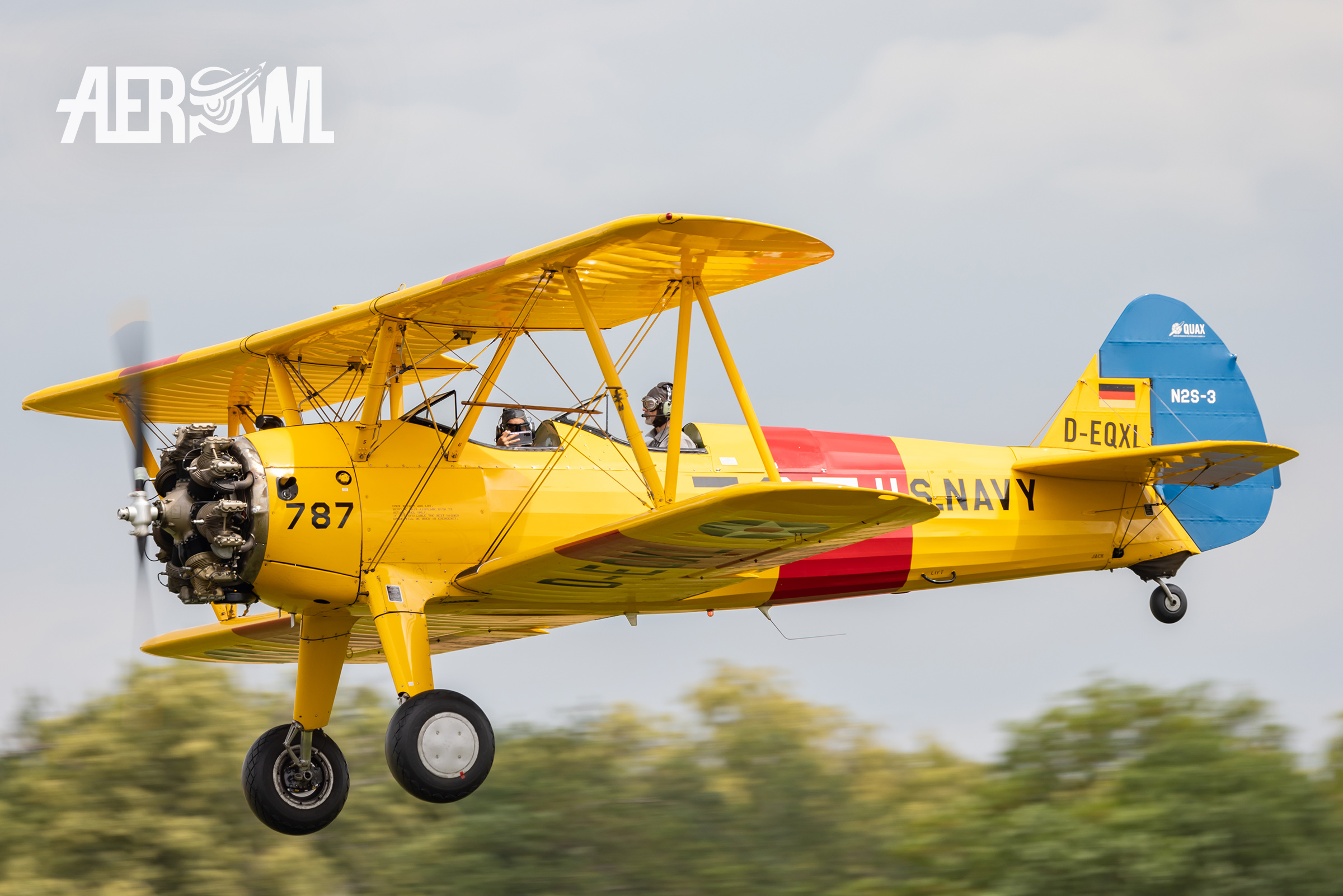 The famous "D-EQXL" Boeing N2S-3 Stearman landing at the Bienenfarm, near to Berlin during the Stearman&Friends2023 in Germany.
