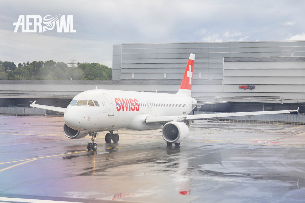 A classical Swiss Airbus A-319 at the Zurich airport, Switzerland waiting for taxiing in 2023.