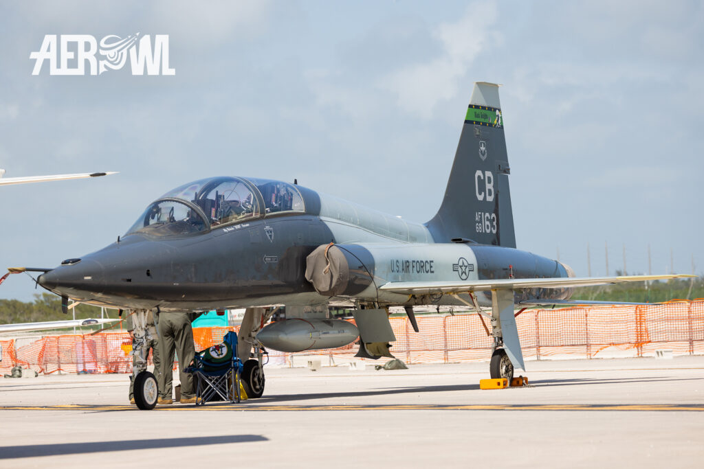 A U.S. Air Force NorthropT-38 Talon of the Black Knights, CB-163 at the NAS Key West Southernmost Air Spectacular in Florida.