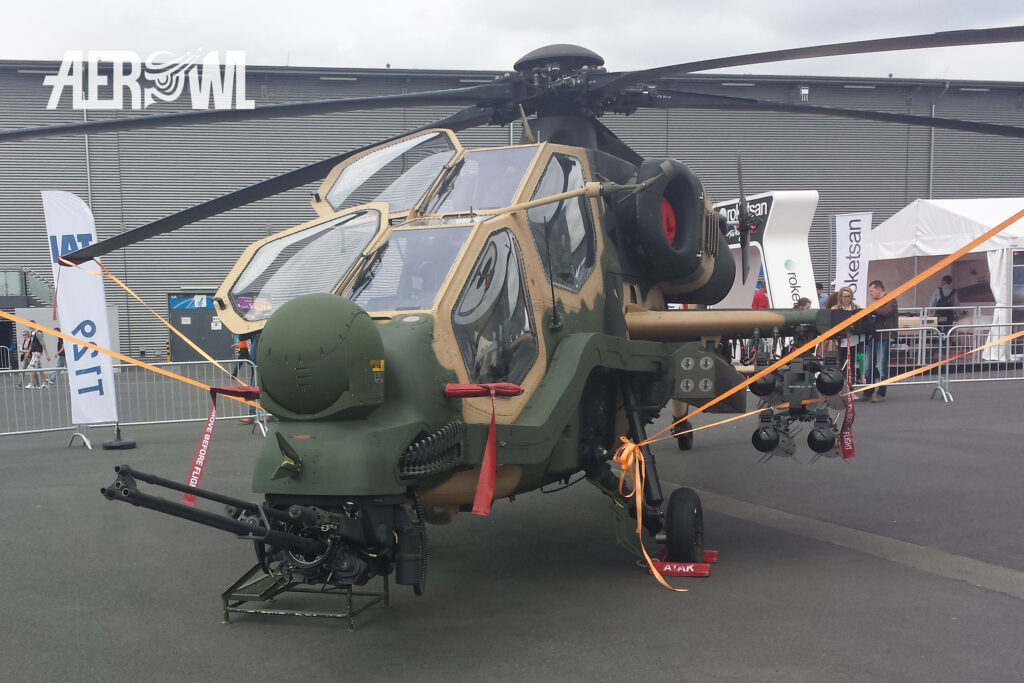 The presentation of the turkish TAI T129 Atak helicopter at the ILA 2014 on the BER airport Berlin-Brandenburg in Germany.