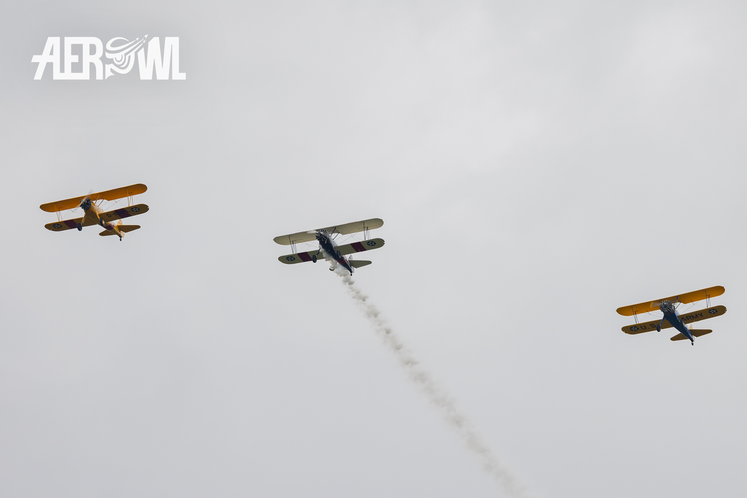 Three beautiful Boeing Stearman in seldom seen formation display during the Stearman&Friends2023 at Bienenfarm Airport near Berlin.