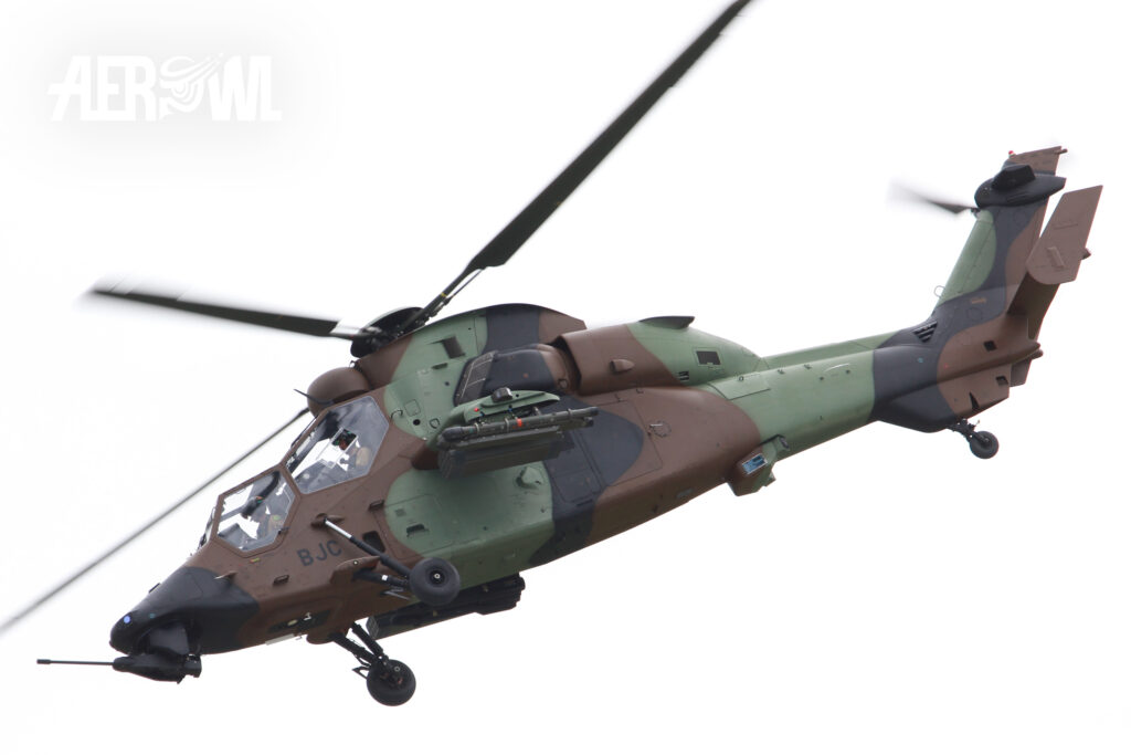 A French Air Force Tiger - HAP (Hélicoptère de Combat Polyvalent) during an air display at the ILA 2014 at the BER airport Berlin-Brandenburg in Germany.