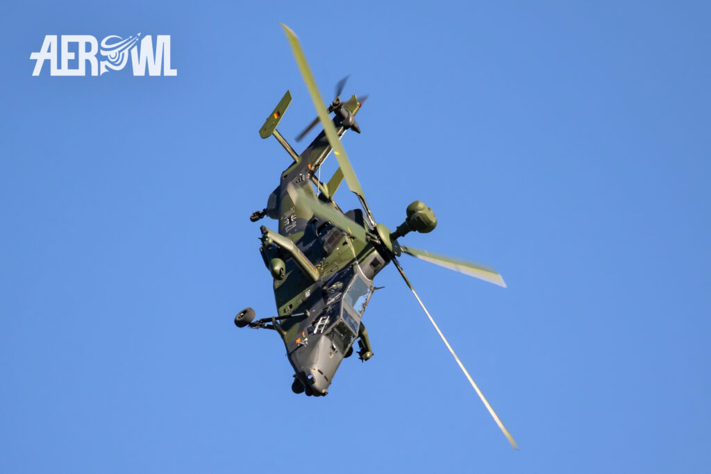A Bundeswehr Eurocopter Tiger UHT (EC665) diving during its air display at the ILA 2018 for the audience at the BER airport Berlin-Brandenburg in Germany.
