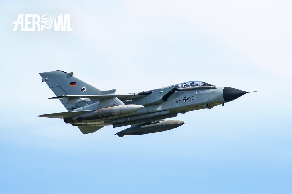 A Tornado ECR of the Bundeswehr fly by during the ILA 2018 over the BER-Berlin Brandenburg Airport in Germany.
