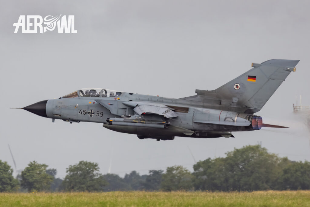 A Panavia 200 (PA-200) Tornado IDS takes off during the German Armed Forces Day (Tag der Bundeswehr) 2025 in Jagel, Schleswig Holstein, Germany.