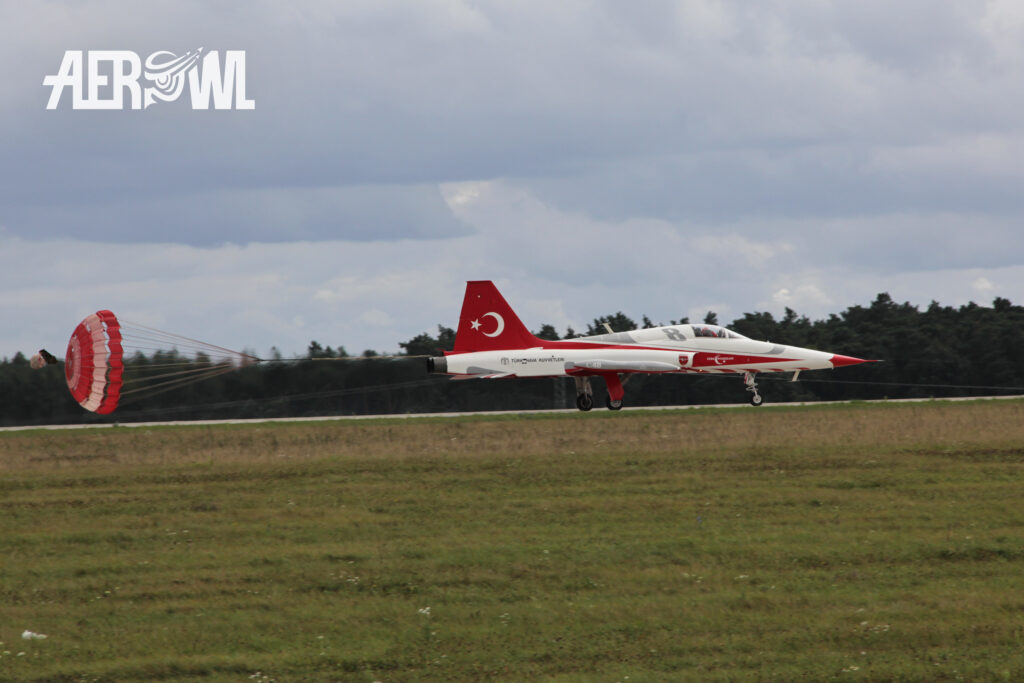 Northrop NF-5A Freedom Fighter of the Turkish Stars parachutes landing after its air display at the ILA 2012 over the BER airport in Berlin/Brandenburg, Germany.