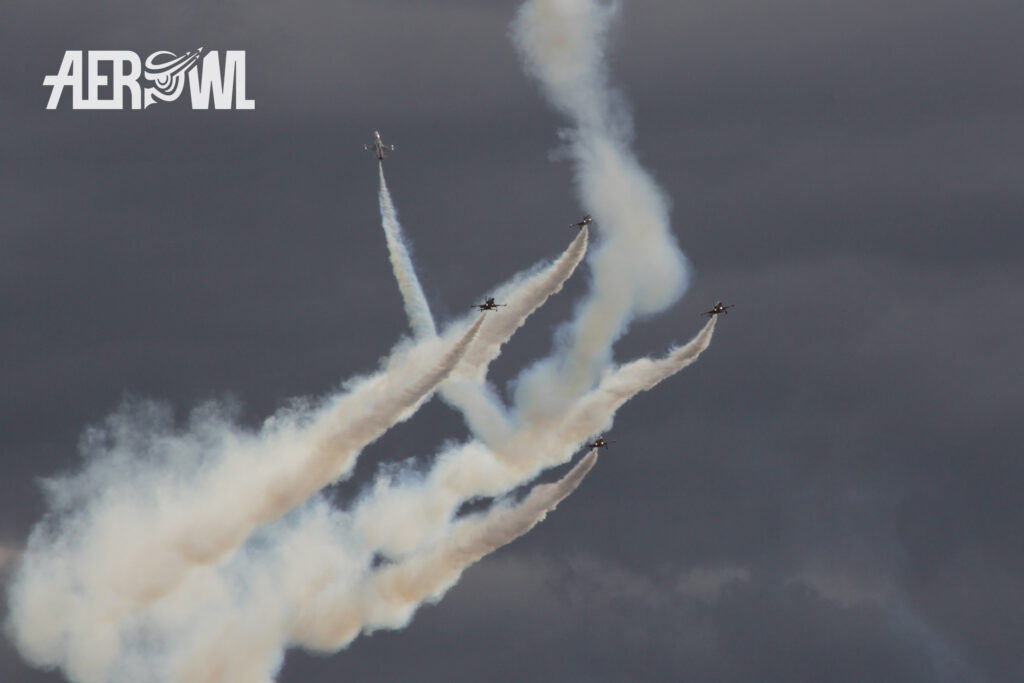 The Turkish Stars in their Canadair NF-5A Freedom Figther (licenced version of Northrop) during their air display at the ILA 2014 over the audience at the BER airport Berlin/Brandenburg in Germany.