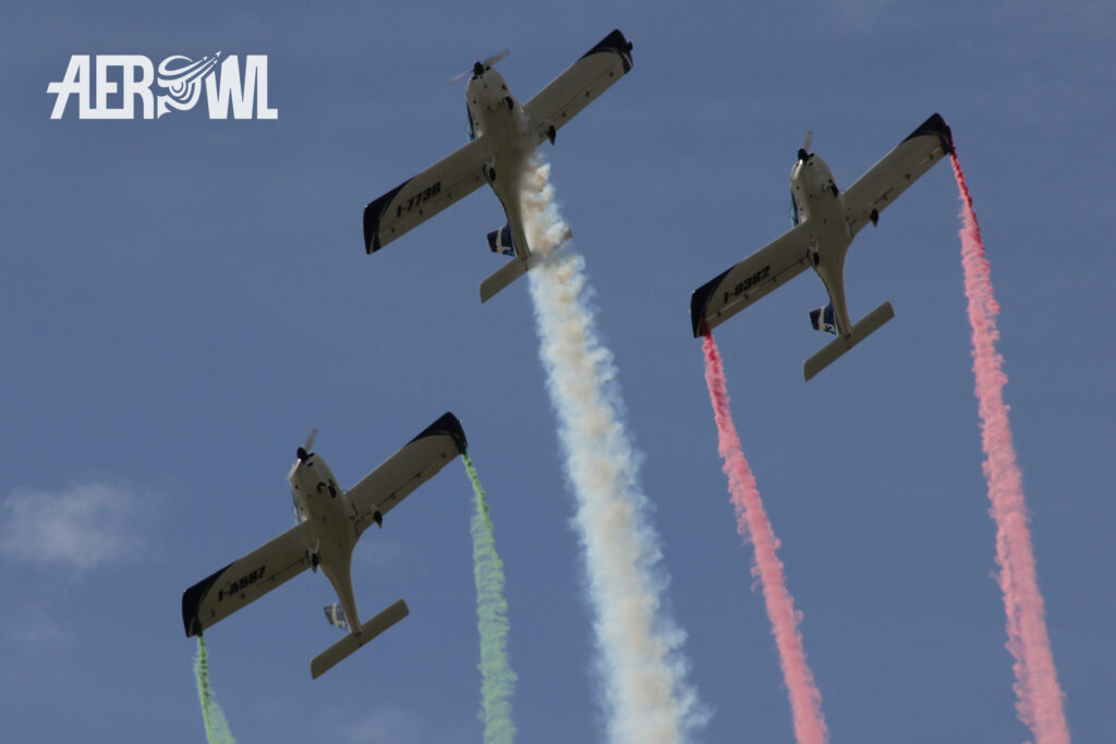 The Italian WeFly! Team presenting the Tricolore Italiano during their air display in 2012 over the runway of the BER airport in Berlin/Brandenburg, Germany.